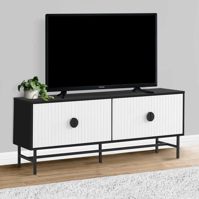 Monarch Specialties I 2732 | Meuble pour téléviseur 60'' - Base de métal noir - 2 portes blanches-SONXPLUS Rimouski