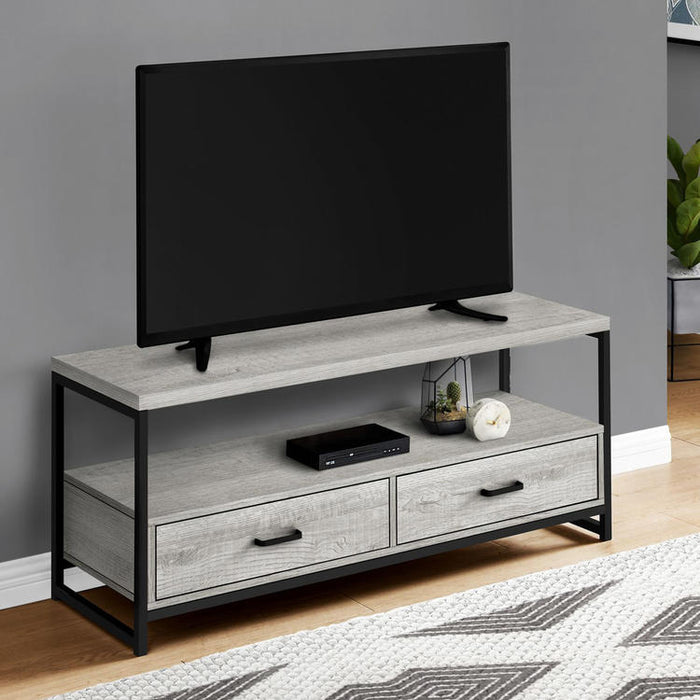 Monarch Specialties I 2871 | Meuble TV - 48" - 2 Tiroirs de rangement - Métal noir - Imitation bois Gris-SONXPLUS Rimouski