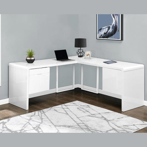 Monarch Specialties I 7582 | Meuble d'ordinateur - 70" - En coin - Conception en L - Configuration réversible - Avec tiroirs - Fini blanc lustré-SONXPLUS Rimouski